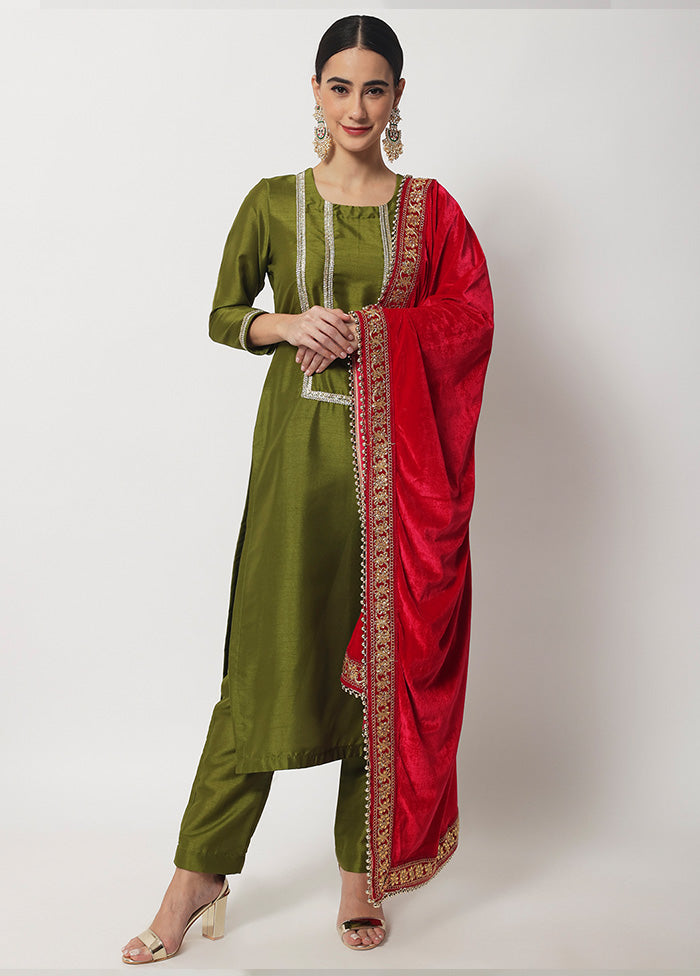 3 Pc Olive green Suit Set With Dupatta VDANO2903283 - Indian Silk House Agencies