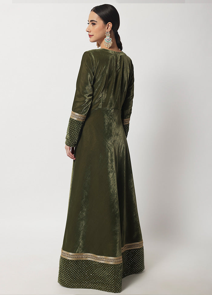 2 Pc Olive Green Readymade Velvet Gown VDANO2903288 - Indian Silk House Agencies