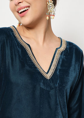2 Pc Turquoise Readymade Velvet Kurti Set VDANO2903342 - Indian Silk House Agencies