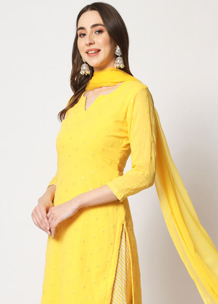 3 Pc Yellow Embroidered Cotton Suit Set VDANO05052042 - Indian Silk House Agencies