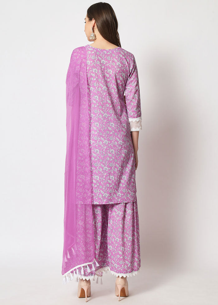 3 Pc Lavender Embroidered Cotton Suit Set VDANO05052044 - Indian Silk House Agencies