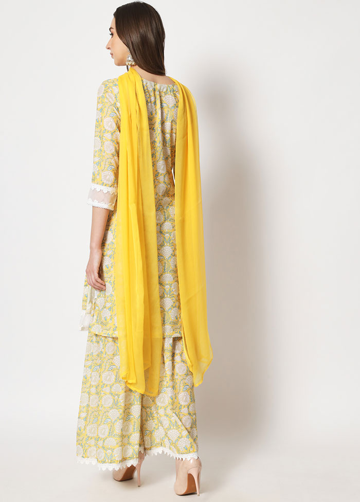 3 Pc Yellow Embroidered Cotton Suit Set VDANO05052045 - Indian Silk House Agencies