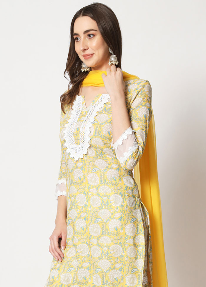 3 Pc Yellow Embroidered Cotton Suit Set VDANO05052045 - Indian Silk House Agencies