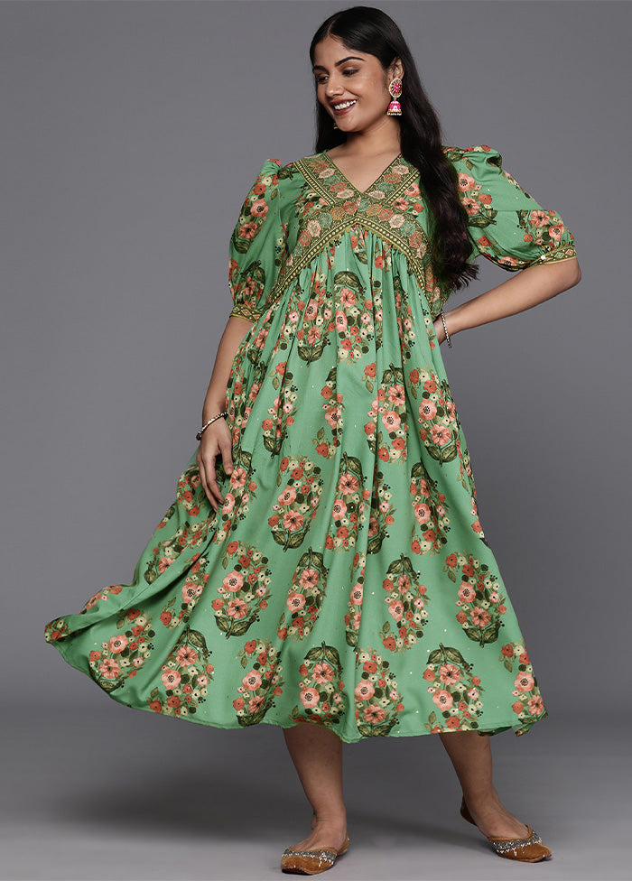 Green Readymade Silk Indian Dress