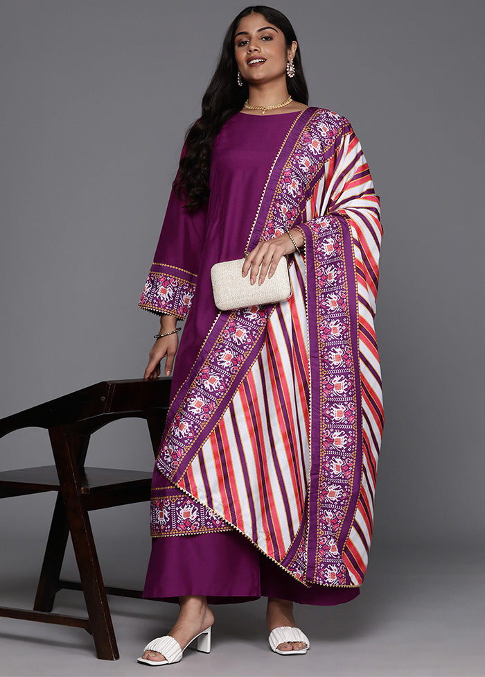 3 Pc Purple Readymade Silk Dupatta Suit Set