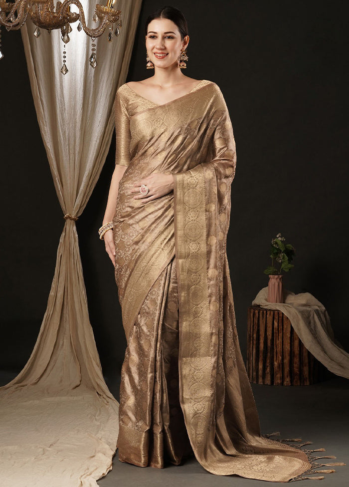 Brown Satin Silk Saree With Blouse Piece