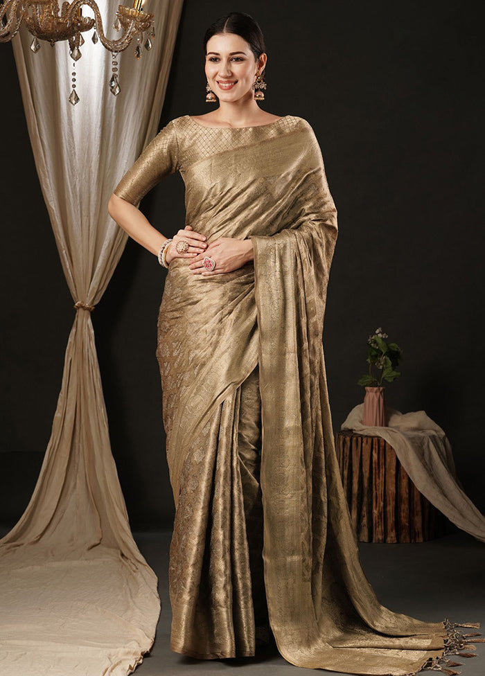 Beige Satin Silk Saree With Blouse Piece