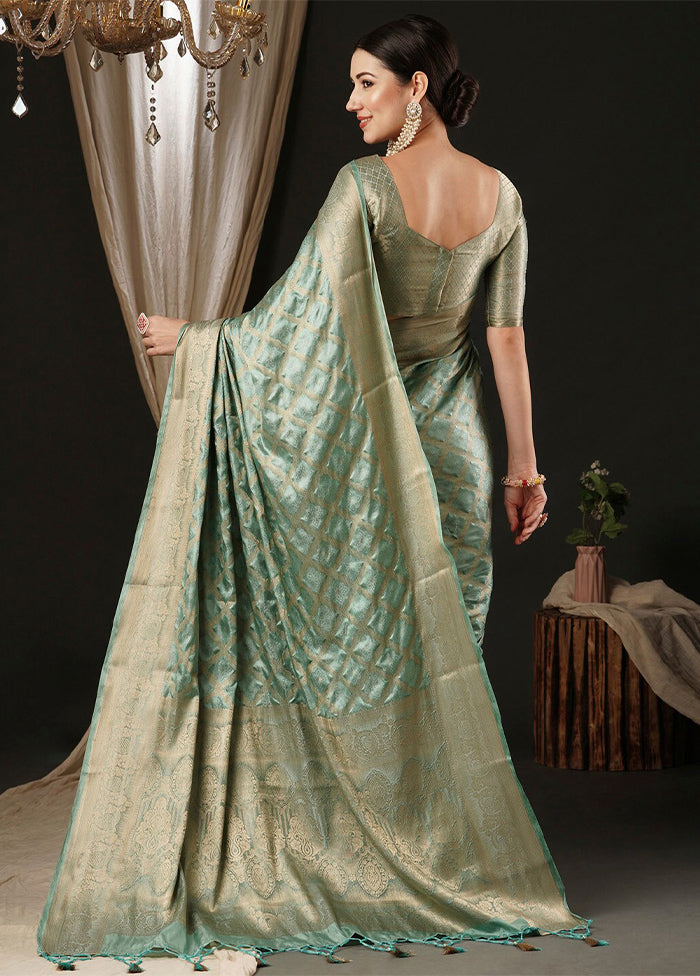 Turquoise Satin Silk Saree With Blouse Piece