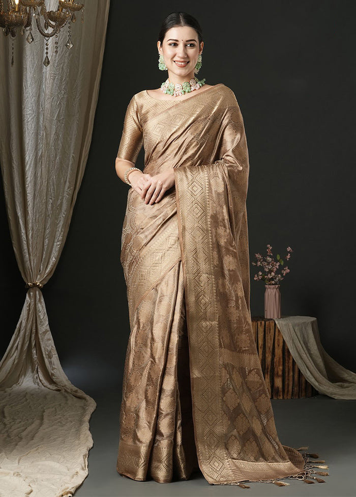 Beige Satin Silk Saree With Blouse Piece