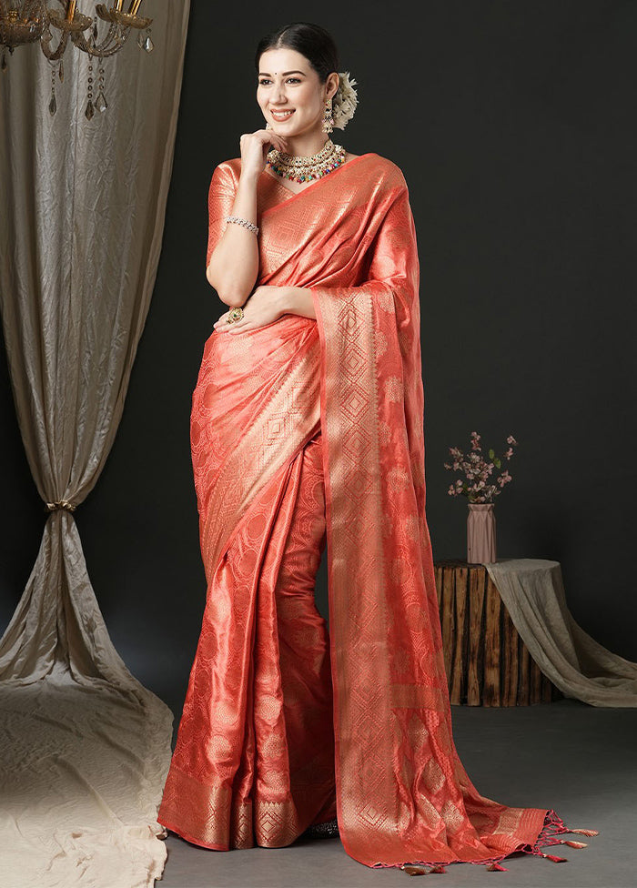 Peach Satin Silk Saree With Blouse Piece