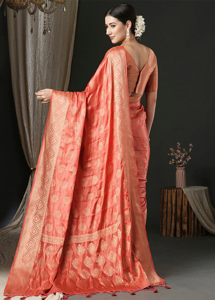 Peach Satin Silk Saree With Blouse Piece