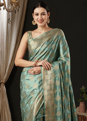 Turquoise Satin Silk Saree With Blouse Piece