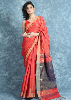 Red Handwoven Cotton Silk Saree With Blouse - Indian Silk House Agencies