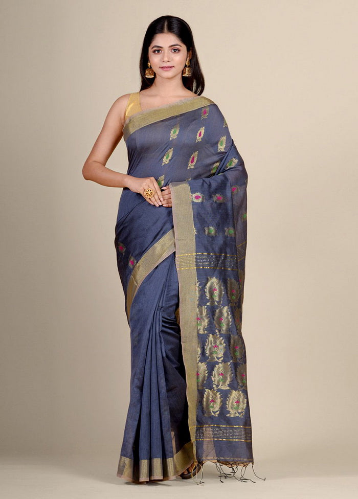 Greyish Blue Blended Cotton Handwoven Saree - Indian Silk House Agencies