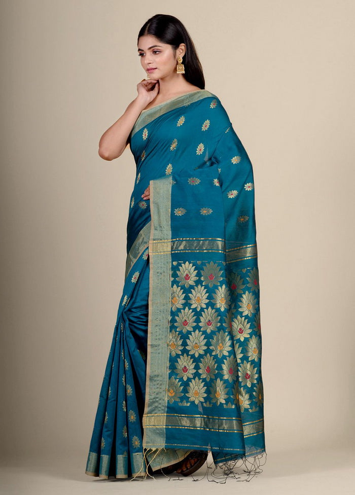 Teal Blue Blended Cotton Handwoven Saree - Indian Silk House Agencies