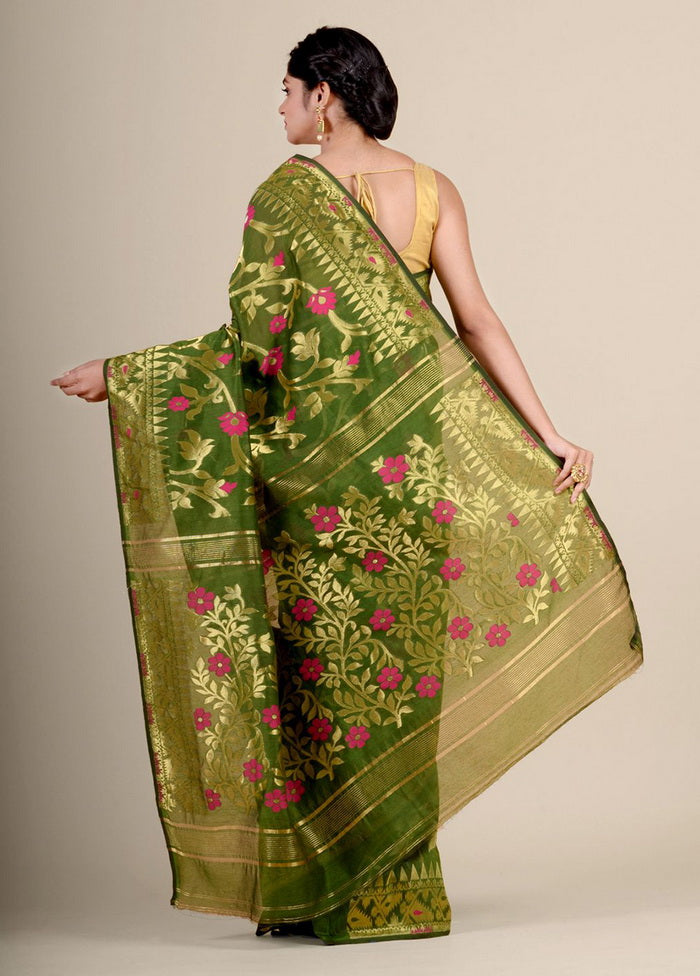 Green Silk Cotton Handwoven Jamdani Saree Without Blouse Piece - Indian Silk House Agencies