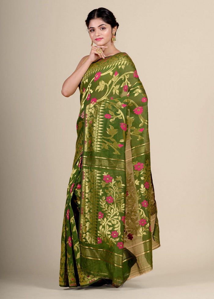 Green Silk Cotton Handwoven Jamdani Saree Without Blouse Piece - Indian Silk House Agencies