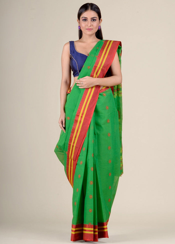 Green Tant Jamdani Pure Cotton Saree Without Blouse Piece - Indian Silk House Agencies