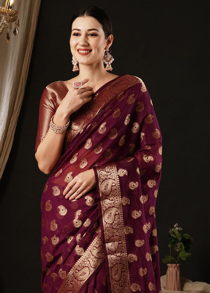 Burgundy Georgette Saree With Blouse Piece