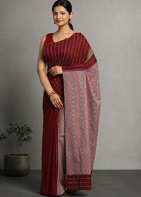 Maroon Pure Cotton Saree With Blouse Piece