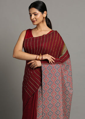 Maroon Pure Cotton Saree With Blouse Piece