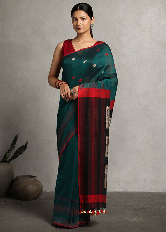 Bottle Green Pure Cotton Saree With Blouse Piece