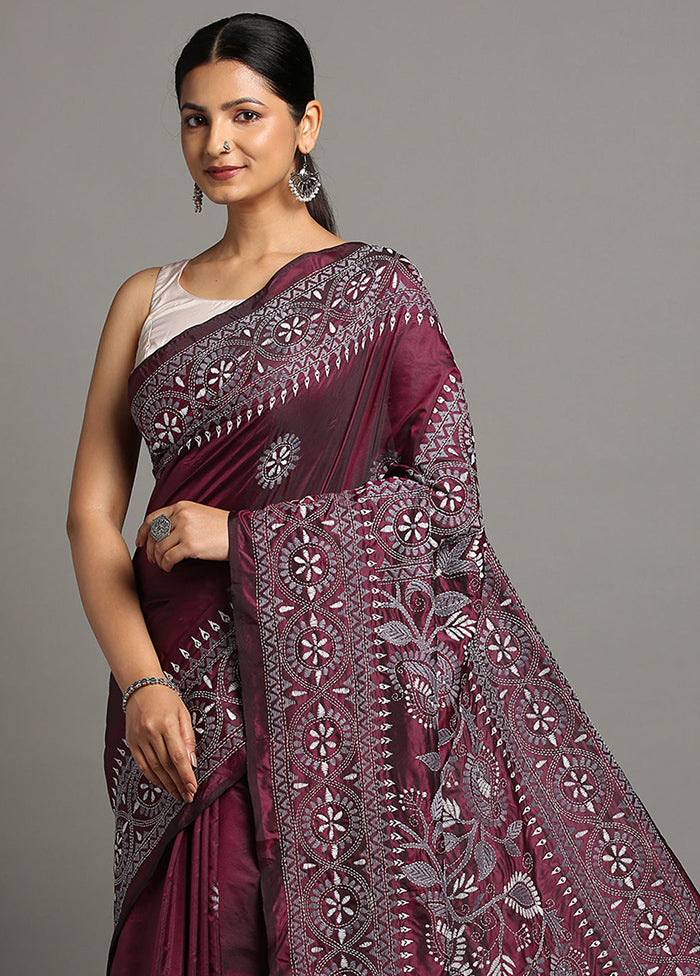 Maroon Dupion Pure Silk Saree With Blouse Piece