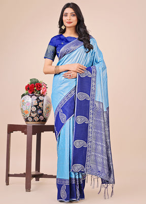 Sky Blue Spun Silk Saree With Blouse Piece