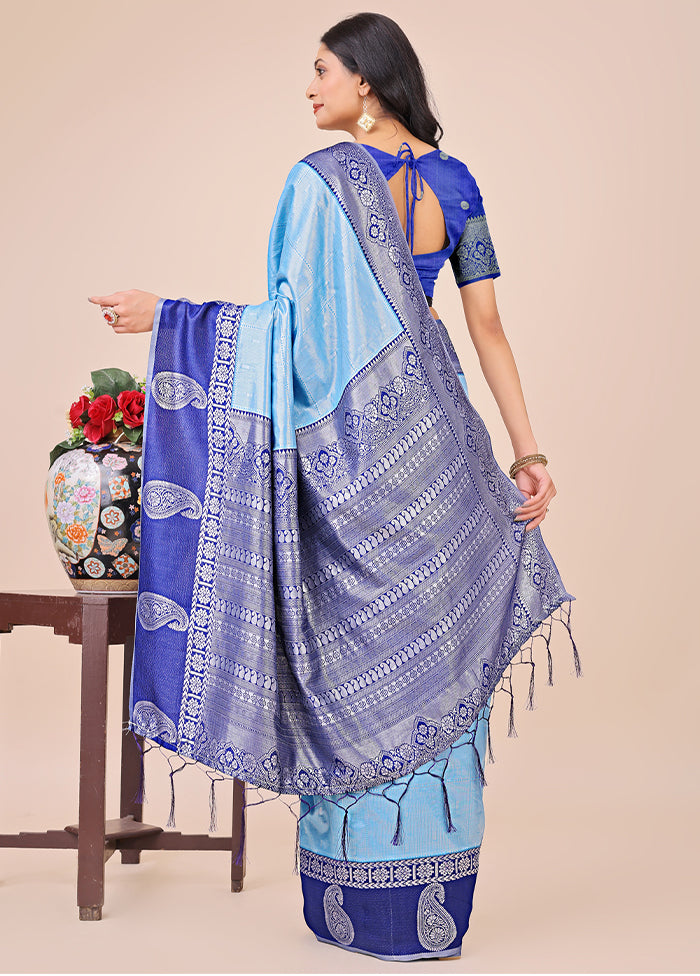 Sky Blue Spun Silk Saree With Blouse Piece