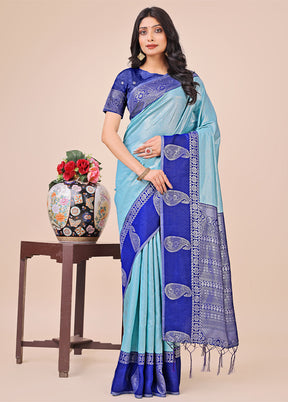 Teal Spun Silk Saree With Blouse Piece