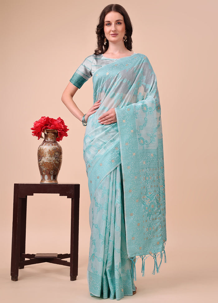 Sky Blue Cotton Saree With Blouse Piece