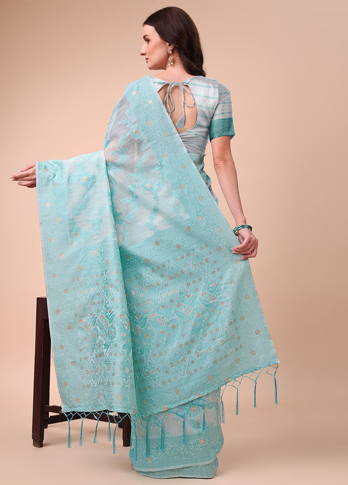 Sky Blue Cotton Saree With Blouse Piece