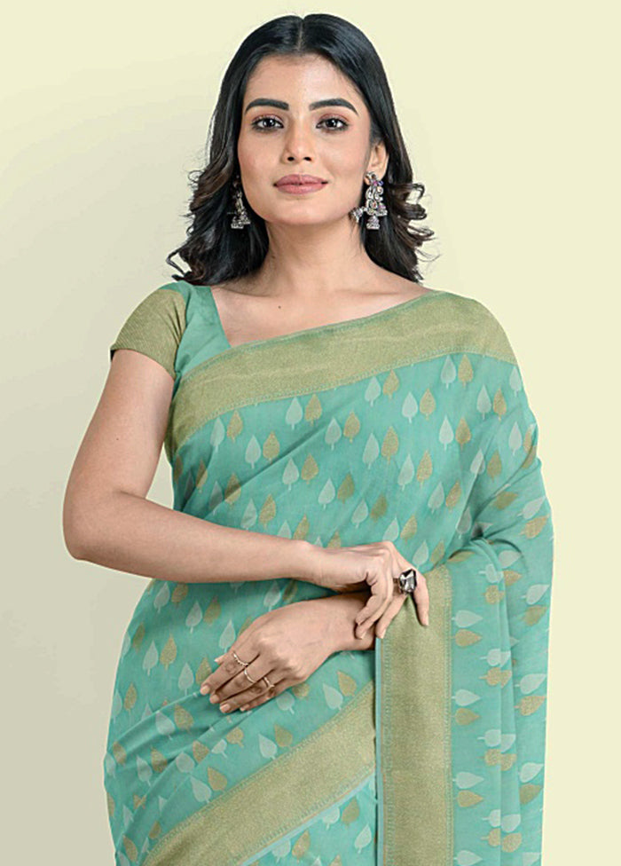 Sea Green Cotton Saree With Blouse Piece