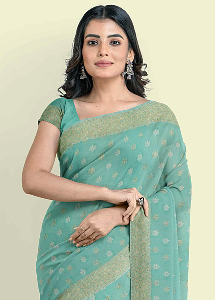 Sea Green Cotton Saree With Blouse Piece