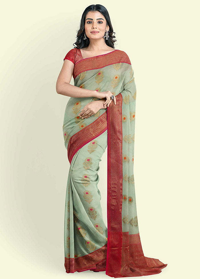 Turquoise Blue Cotton Saree With Blouse Piece