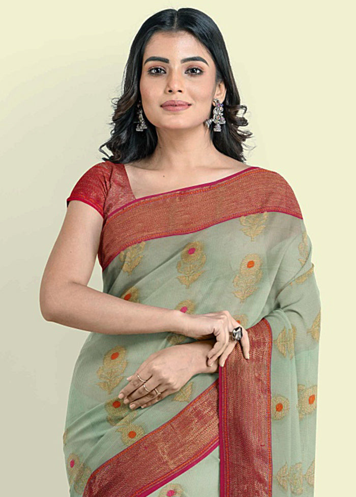 Turquoise Blue Cotton Saree With Blouse Piece