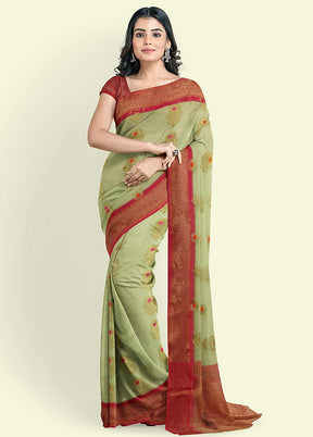 Green Cotton Saree With Blouse Piece - Indian Silk House Agencies