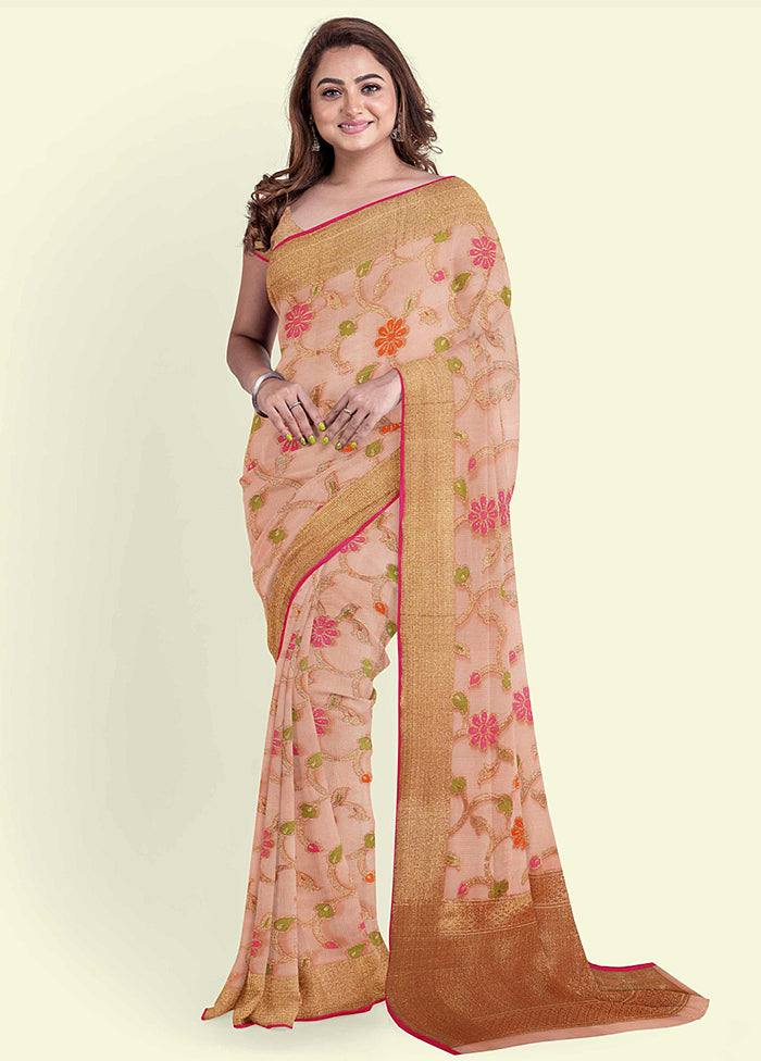 Peach Cotton Saree With Blouse Piece - Indian Silk House Agencies