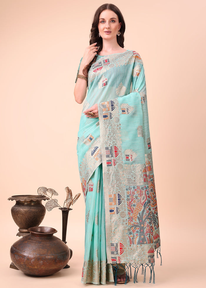 Sky Blue Cotton Saree With Blouse Piece