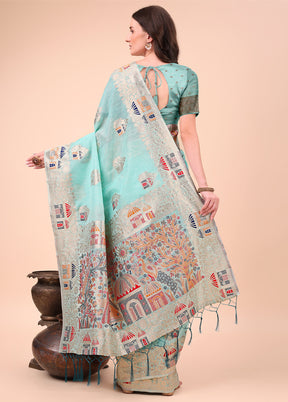 Sky Blue Cotton Saree With Blouse Piece