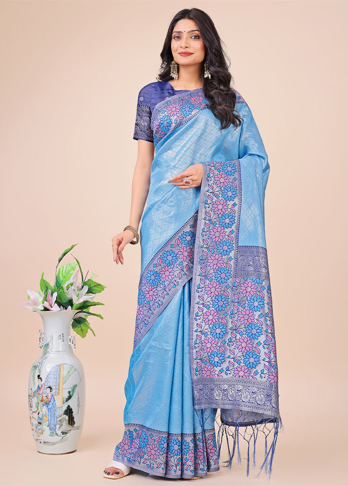 Sky Blue Spun Silk Saree With Blouse Piece