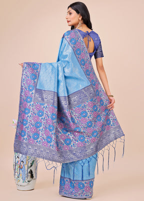 Sky Blue Spun Silk Saree With Blouse Piece