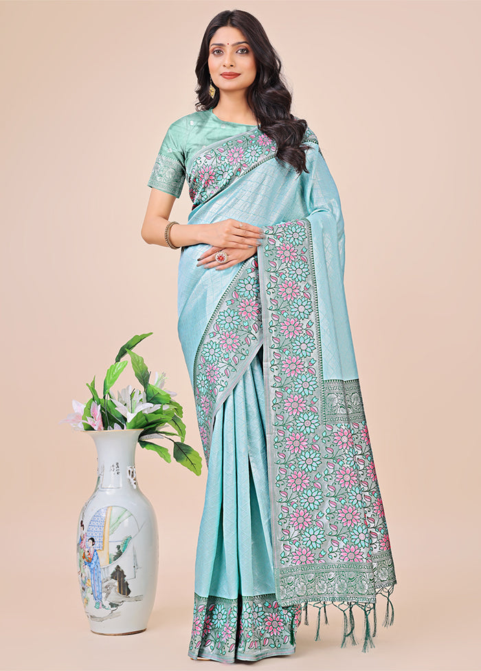 Teal Spun Silk Saree With Blouse Piece