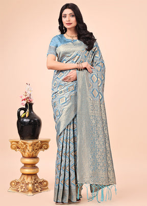 Sky Blue Cotton Saree With Blouse Piece