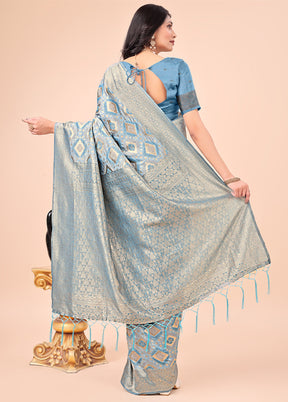Sky Blue Cotton Saree With Blouse Piece