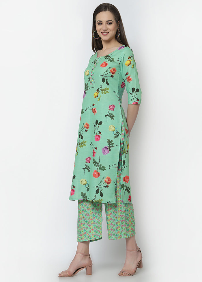 2 Pc Green Cotton Digital Print Kurti Set VDASD040922 - Indian Silk House Agencies