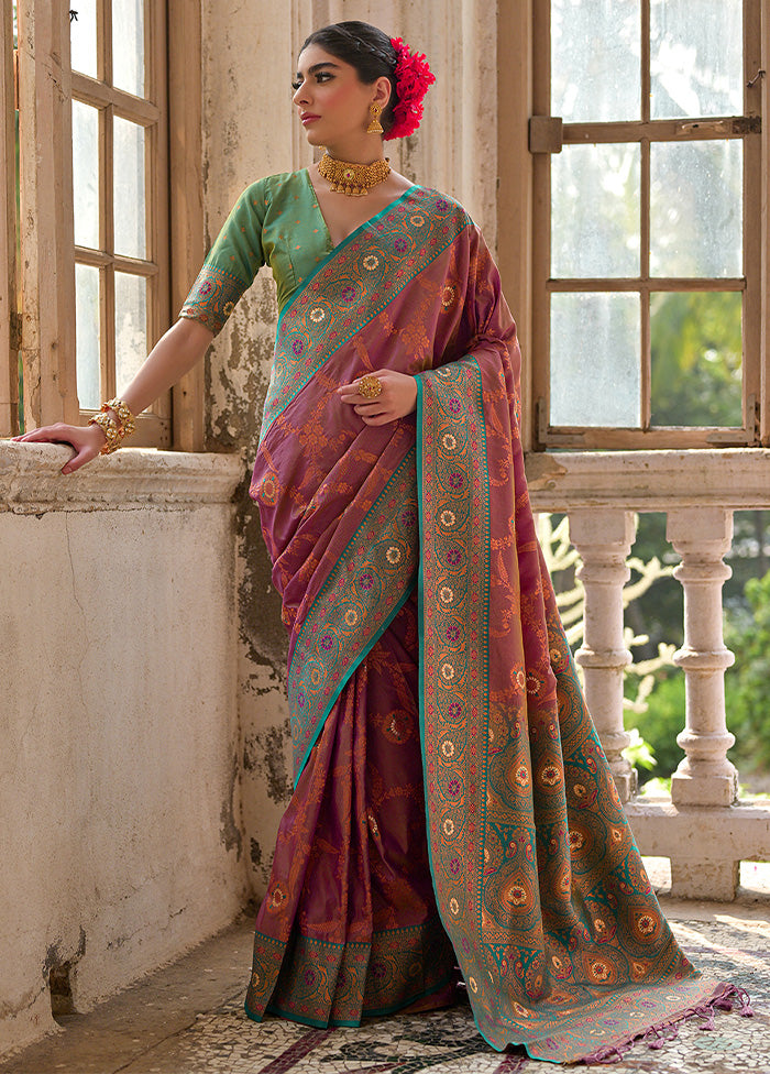 Wine Banarasi Silk Saree With Blouse Piece