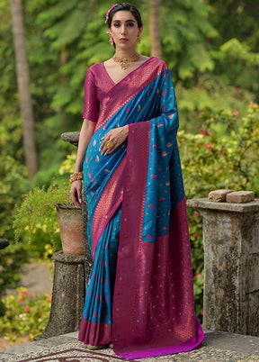 Blue Banarasi Silk Saree With Blouse Piece