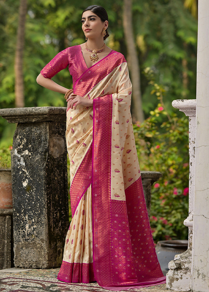 Cream Banarasi Silk Saree With Blouse Piece