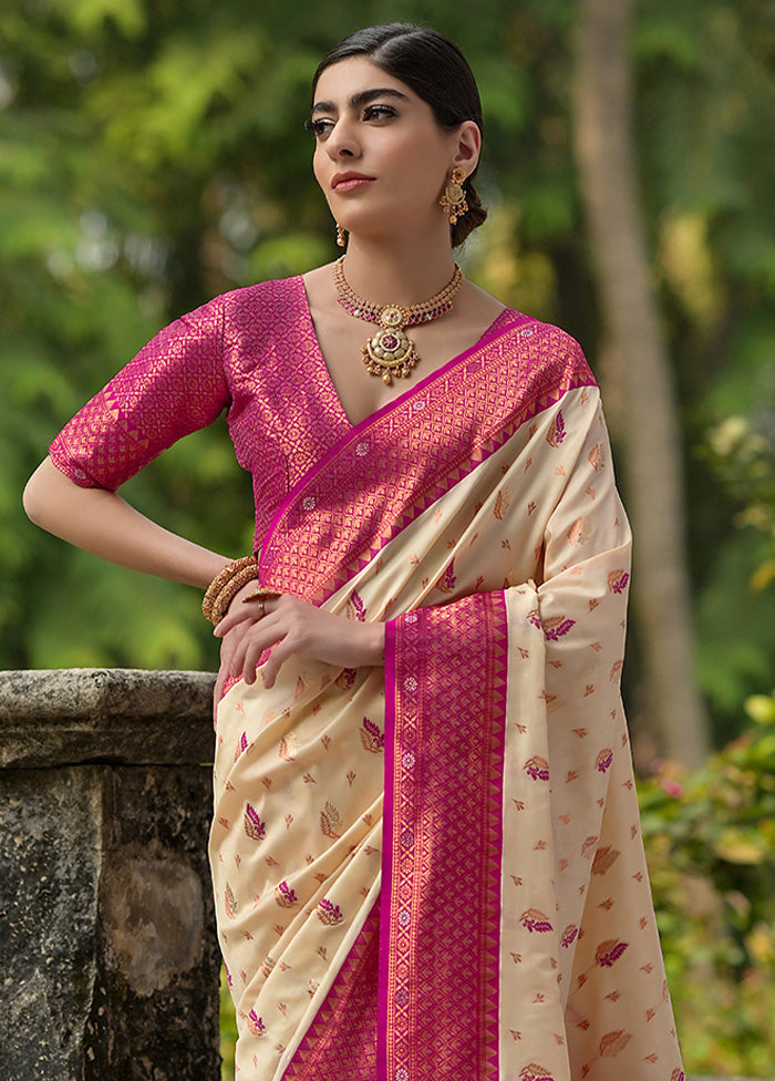 Cream Banarasi Silk Saree With Blouse Piece